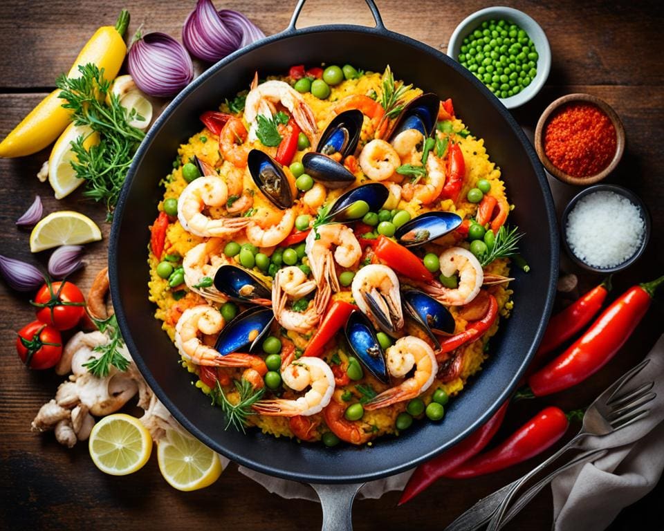 Paella: Klassieke Spaanse Rijstschotel met Zeevruchten