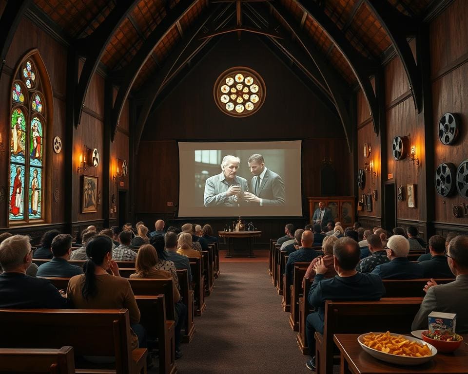 Bioscoopavond in een oude kerk met filmvertoningen en snacks