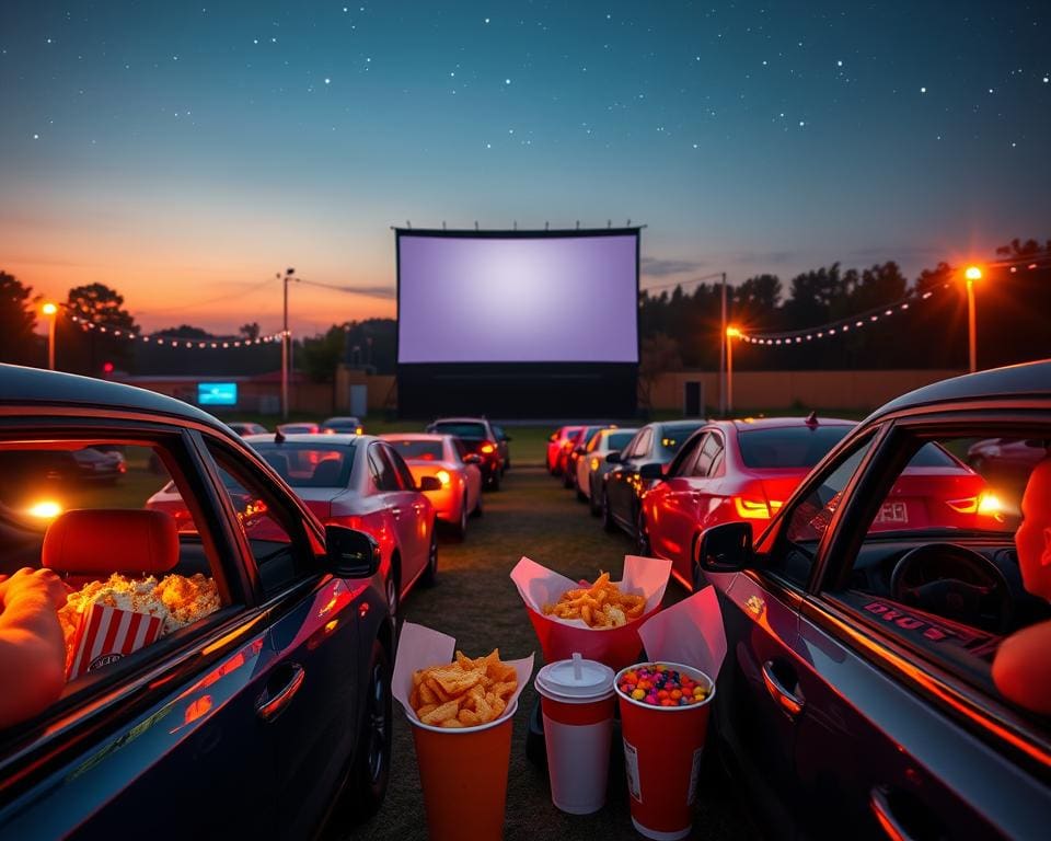 Bioscoopbezoek aan een drive-in cinema met hapjes en drankjes