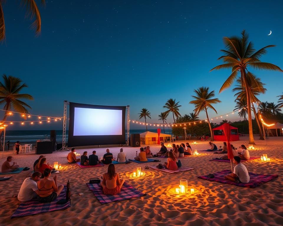 Bioscoopuitje naar een openlucht filmfestival bij het strand