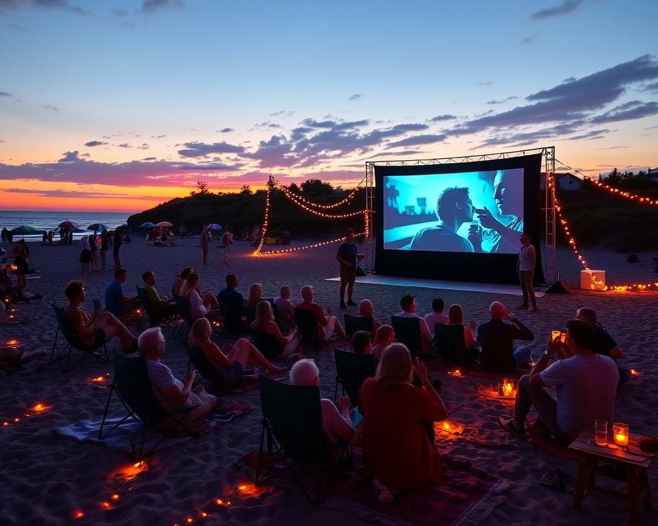 Bioscoopuitje naar een openlucht filmfestival bij het strand