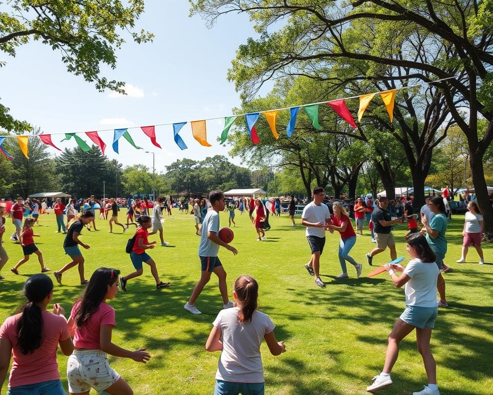 Parkevenement vol sportieve activiteiten en groepsspellen