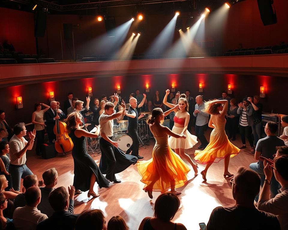 Theateravond met moderne dansvoorstellingen en livemuziek