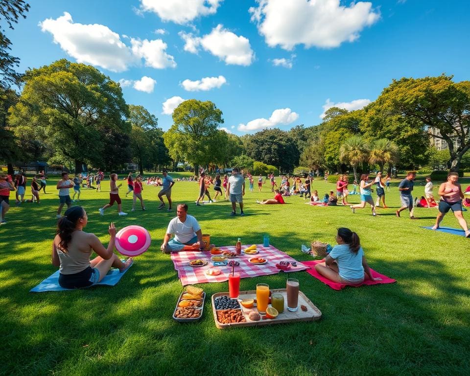 Parkdag met sportieve activiteiten, ontspanning en gezonde snacks